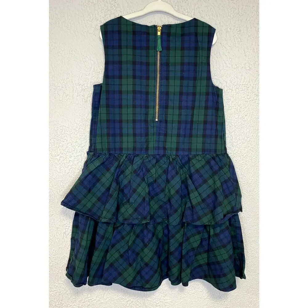 Crewcuts J Crew Girls Poplin Black Watch Green Navy Blue Plaid Ruffle Dress 7